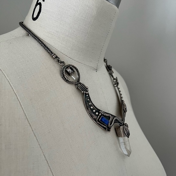 VINTAGE 950 silver quartz crystal lapis blue artisan Handmade bib necklace snake - Picture 11 of 16